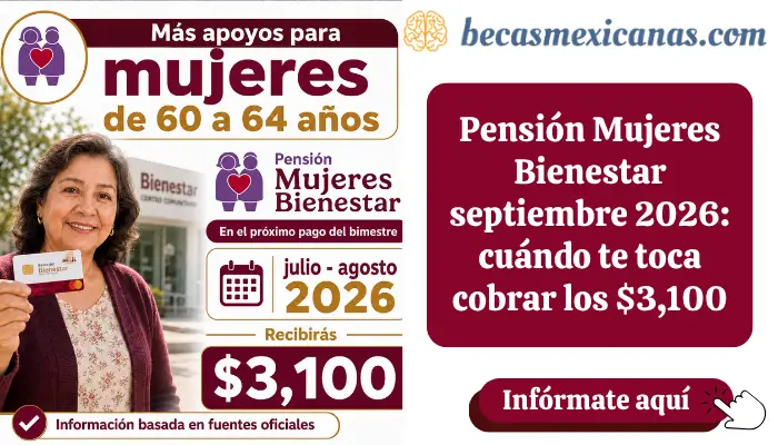 Mujer consultando el pago de la Pensión Mujeres Bienestar en septiembre 2026