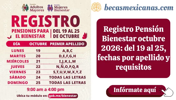 Persona adulta mayor registrándose a la Pensión Bienestar en un Módulo de Bienestar en octubre 2026